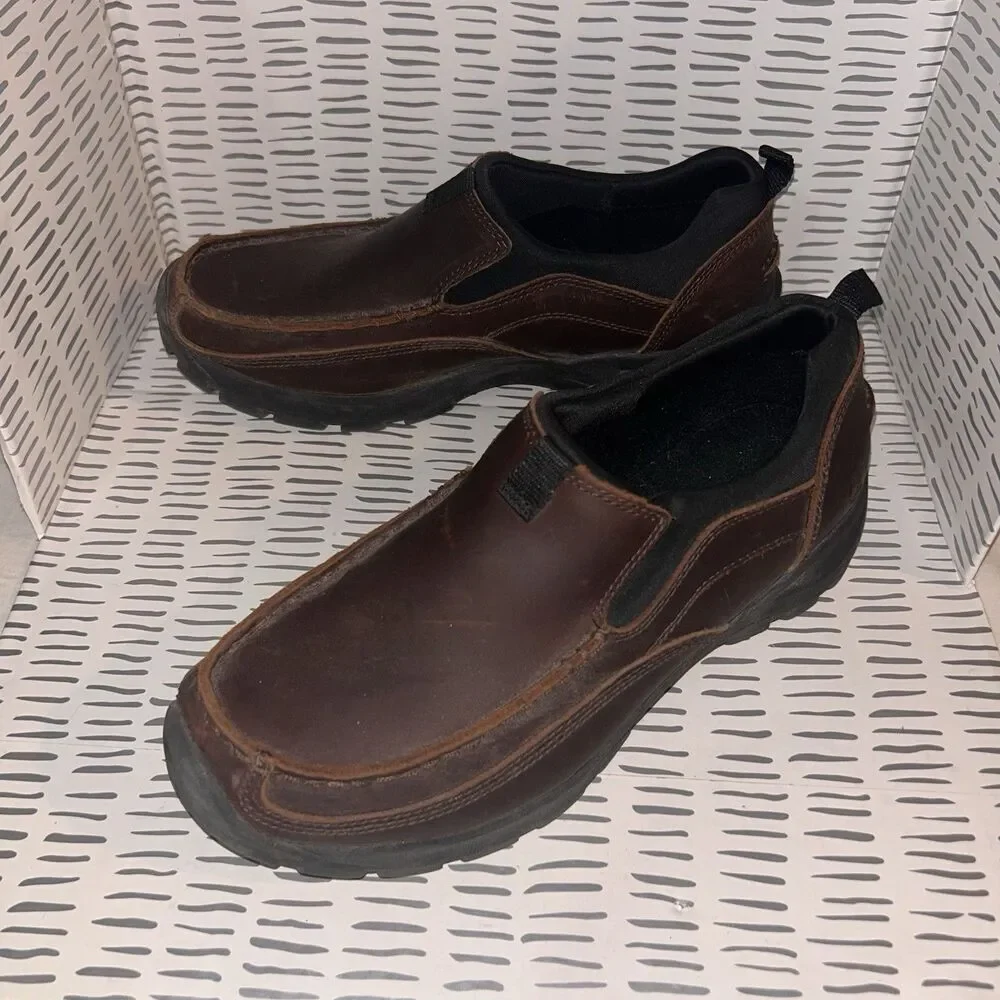 Lands End Mens Brown‎ Leather Moc All Weather Slip On Loafer Size 8.5D